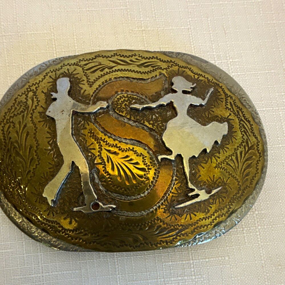 Vintage Two-Tone Western Square Dancing Couple Belt Buckle - Oval Filigree